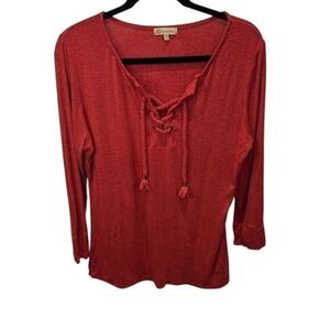 Democracy Red Lace Up 3/4‎ Sleeve Top Blouse Womens Size L